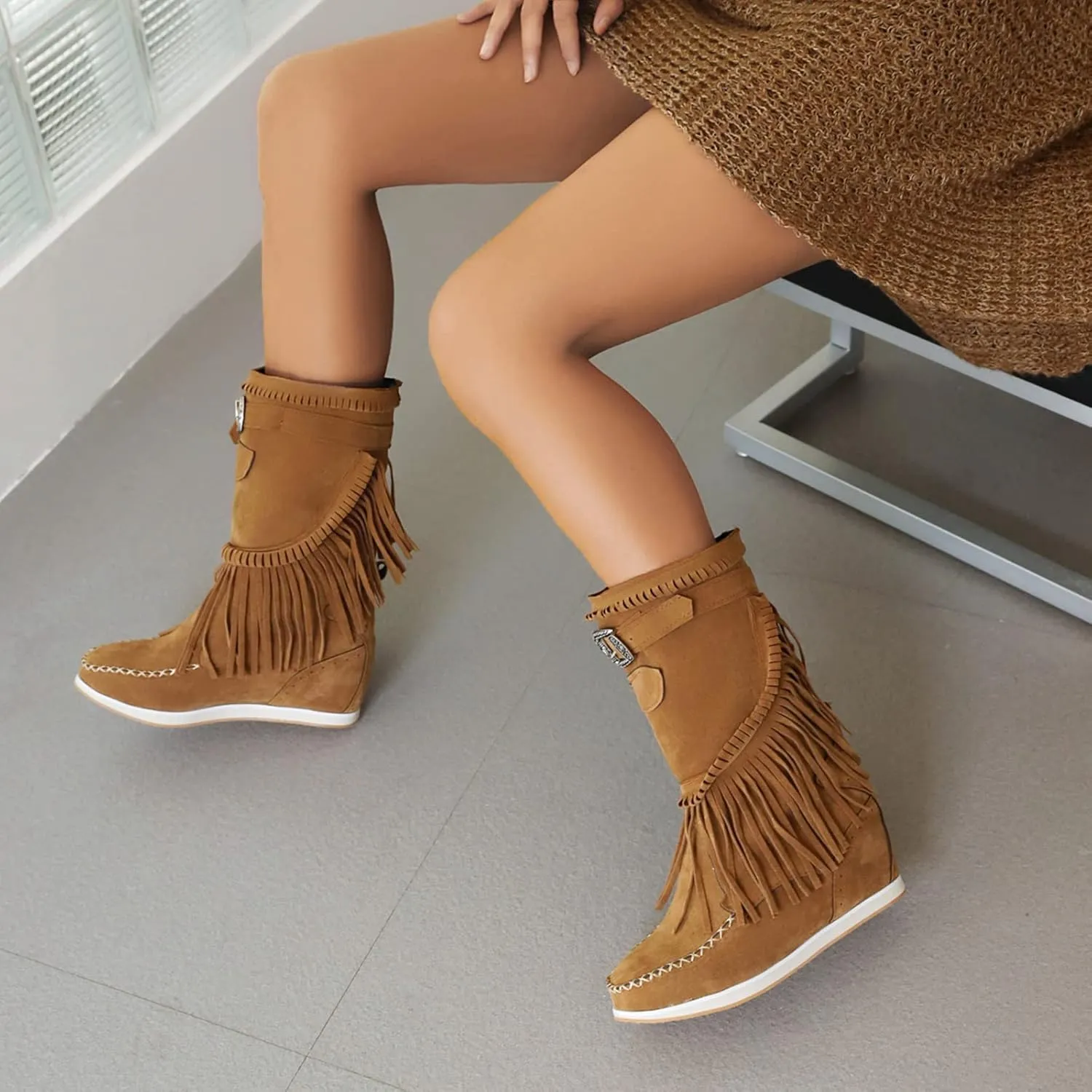 Women Mid Calf Slip On Wedge Moccasin Fringe Boots