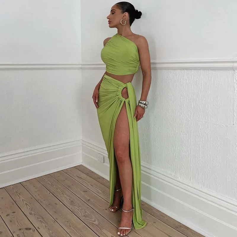 Women's 2 Piece Dress Sexy Y2k Strapless Crop Top High Slit Skirt Bodycon Maxi Long Skirt Suit Night Out Dress Sets