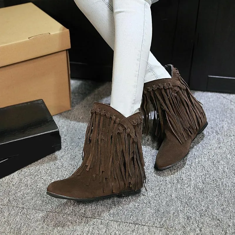 Womens Ankle Fringe Boots Round Toe WinterWide Calf Flat Tassel Moccasin Boots Casual Hidden Wedge Low Heel Ankle Boots