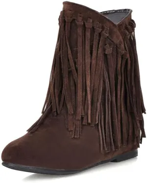 Womens Ankle Fringe Boots Round Toe WinterWide Calf Flat Tassel Moccasin Boots Casual Hidden Wedge Low Heel Ankle Boots