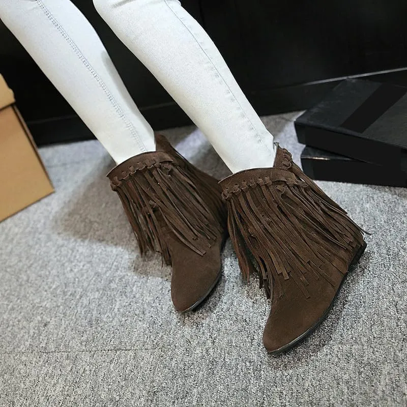 Womens Ankle Fringe Boots Round Toe WinterWide Calf Flat Tassel Moccasin Boots Casual Hidden Wedge Low Heel Ankle Boots