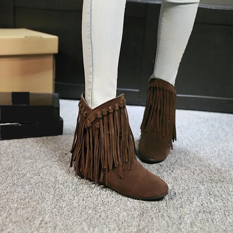Womens Ankle Fringe Boots Round Toe WinterWide Calf Flat Tassel Moccasin Boots Casual Hidden Wedge Low Heel Ankle Boots