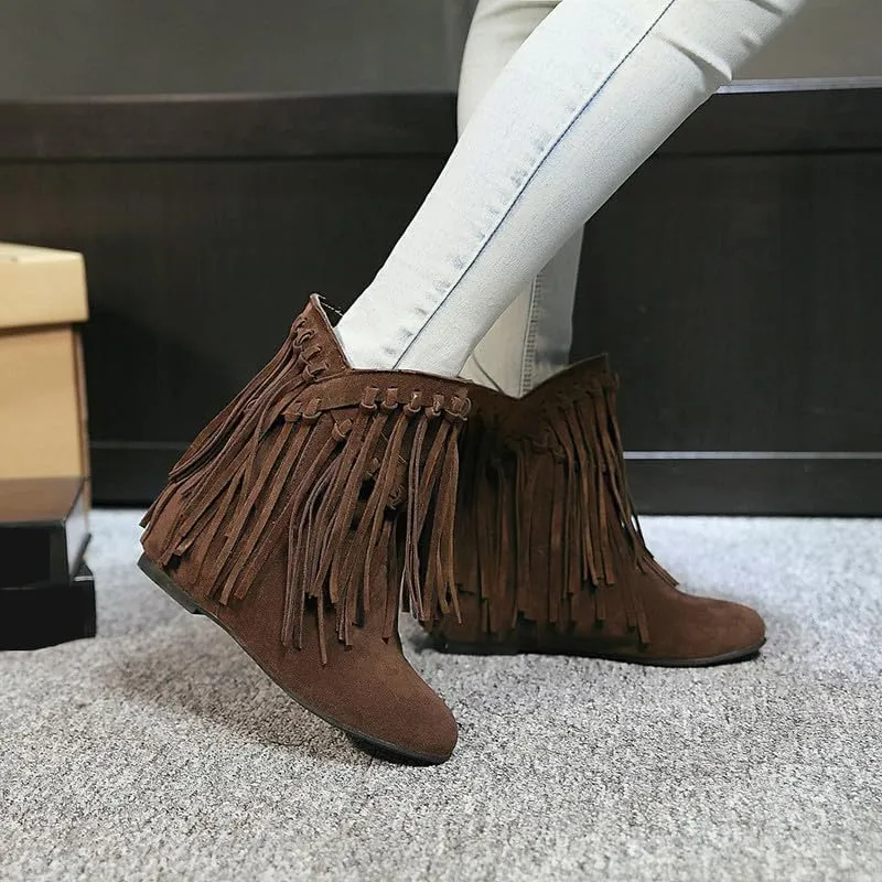 Womens Ankle Fringe Boots Round Toe WinterWide Calf Flat Tassel Moccasin Boots Casual Hidden Wedge Low Heel Ankle Boots
