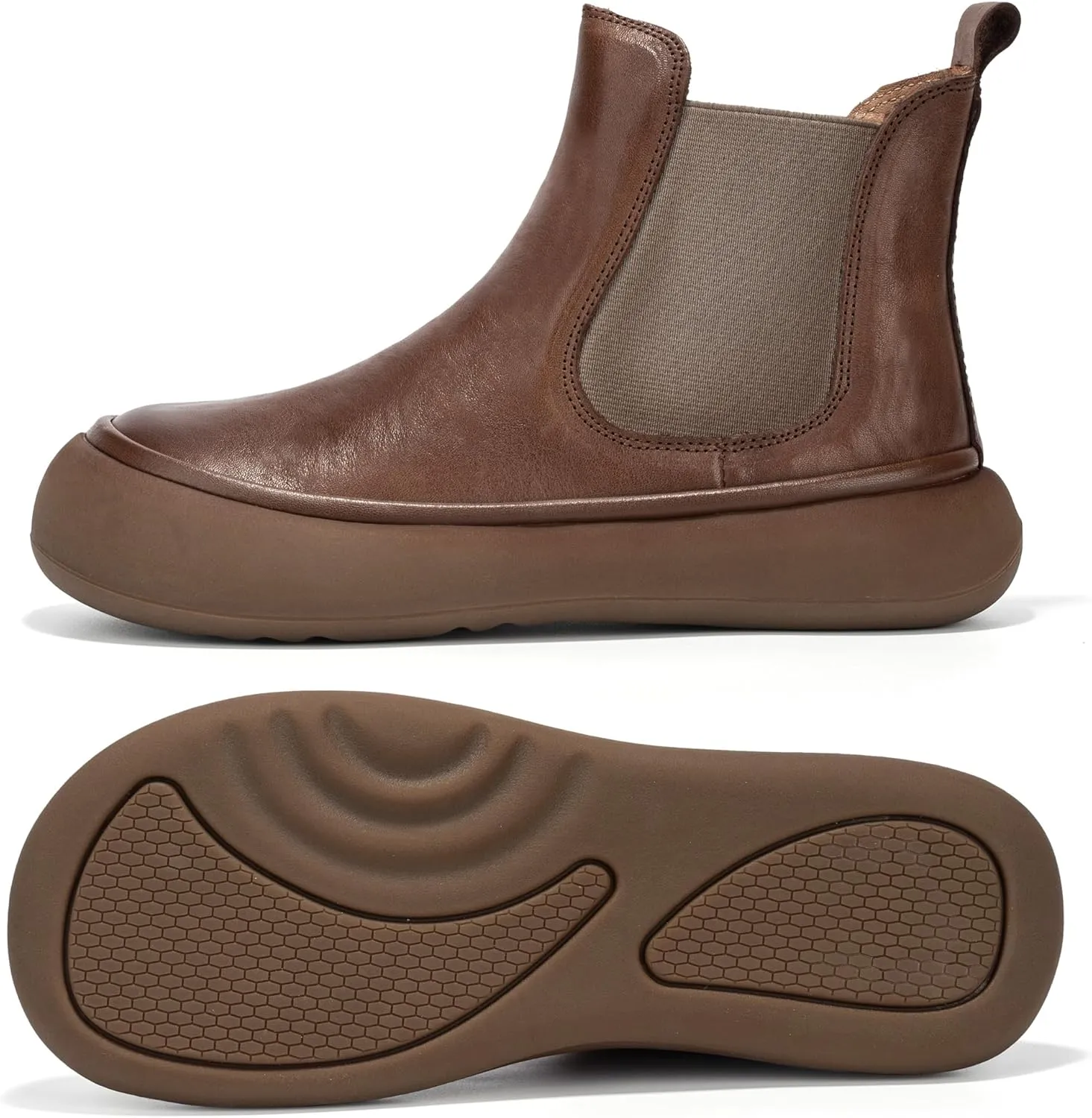 Women's Chelsea Boots Fashion Lug Sole Chunky Platform Heel Slip On Elastic Wide Ankle Booties, Genuine Leather Round Toe Pull On Cowgirl Short Boots
