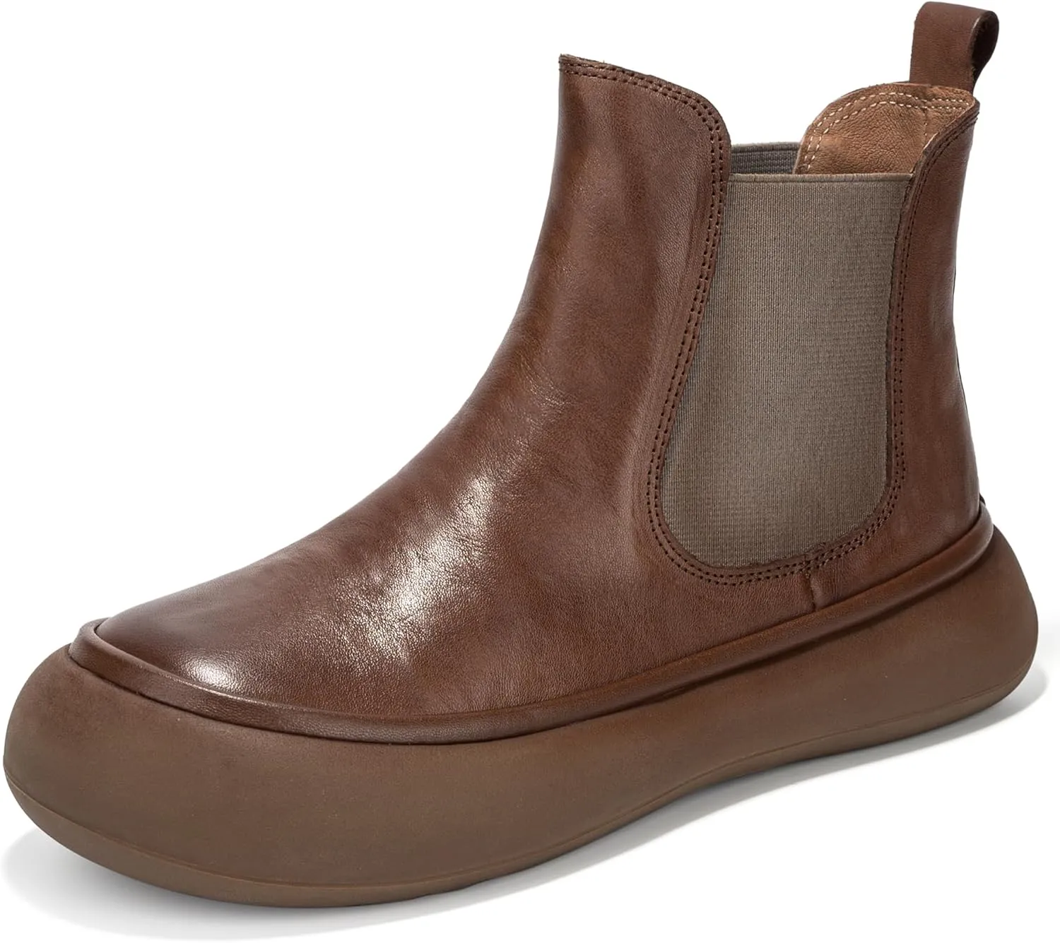 Women's Chelsea Boots Fashion Lug Sole Chunky Platform Heel Slip On Elastic Wide Ankle Booties, Genuine Leather Round Toe Pull On Cowgirl Short Boots