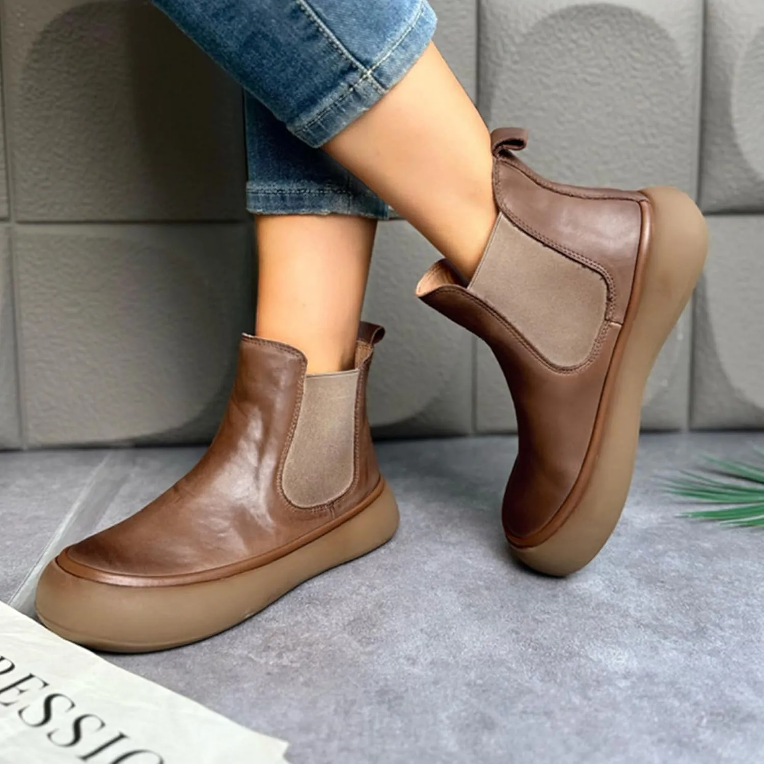 Women's Chelsea Boots Fashion Lug Sole Chunky Platform Heel Slip On Elastic Wide Ankle Booties, Genuine Leather Round Toe Pull On Cowgirl Short Boots