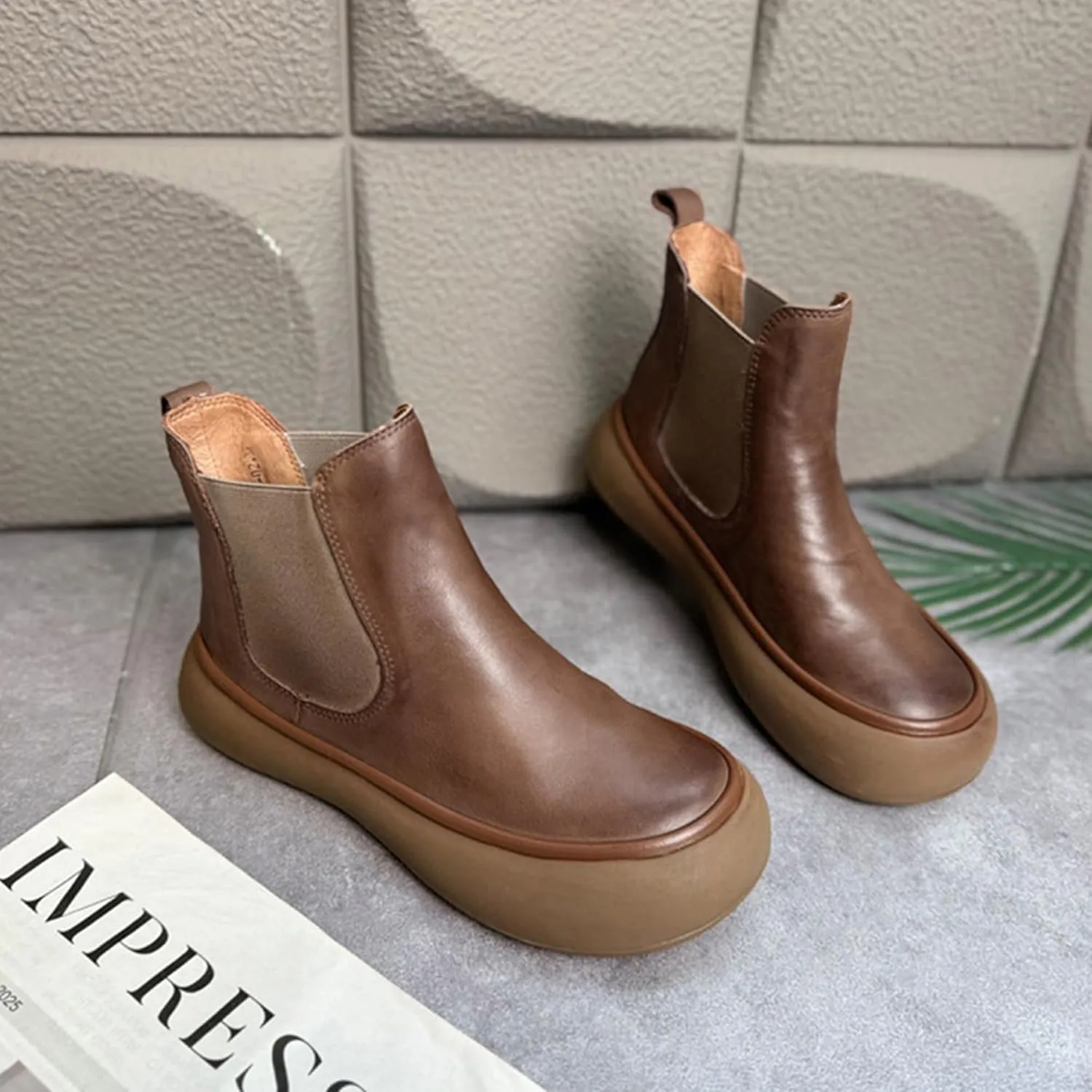 Women's Chelsea Boots Fashion Lug Sole Chunky Platform Heel Slip On Elastic Wide Ankle Booties, Genuine Leather Round Toe Pull On Cowgirl Short Boots