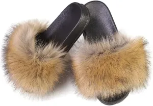 Women's Faux Fox Fur Slide Slipper Sandal Soft Furry Lovely Indoor Outdoor Open Toe Single Strap Slip On Slippers Sandals Multicolor