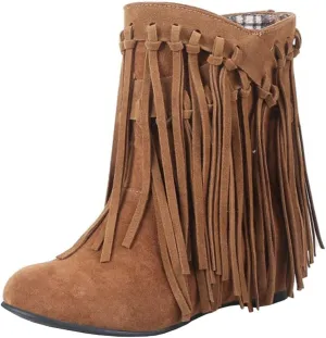 Womens Hidden Wedge Fringe Moccasin Booties Tassel Boots