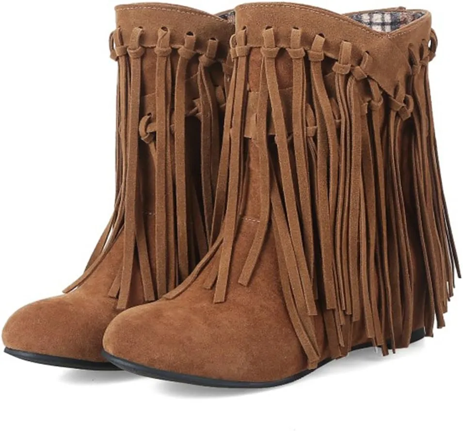 Womens Hidden Wedge Fringe Moccasin Booties Tassel Boots
