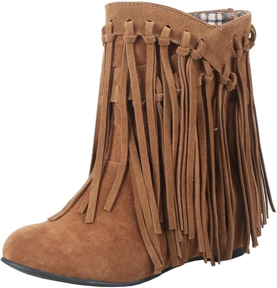 Womens Hidden Wedge Fringe Moccasin Booties Tassel Boots
