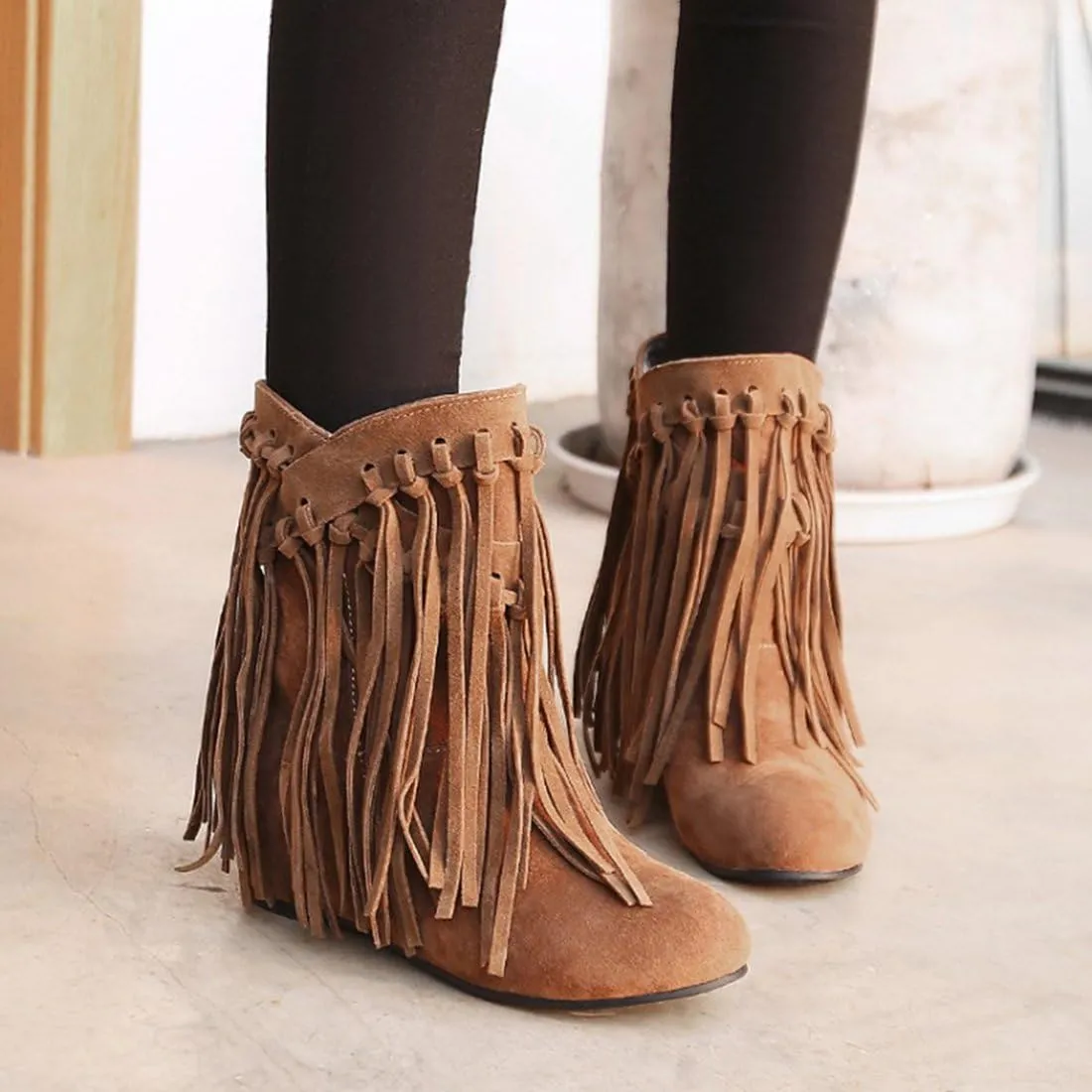 Womens Hidden Wedge Fringe Moccasin Booties Tassel Boots
