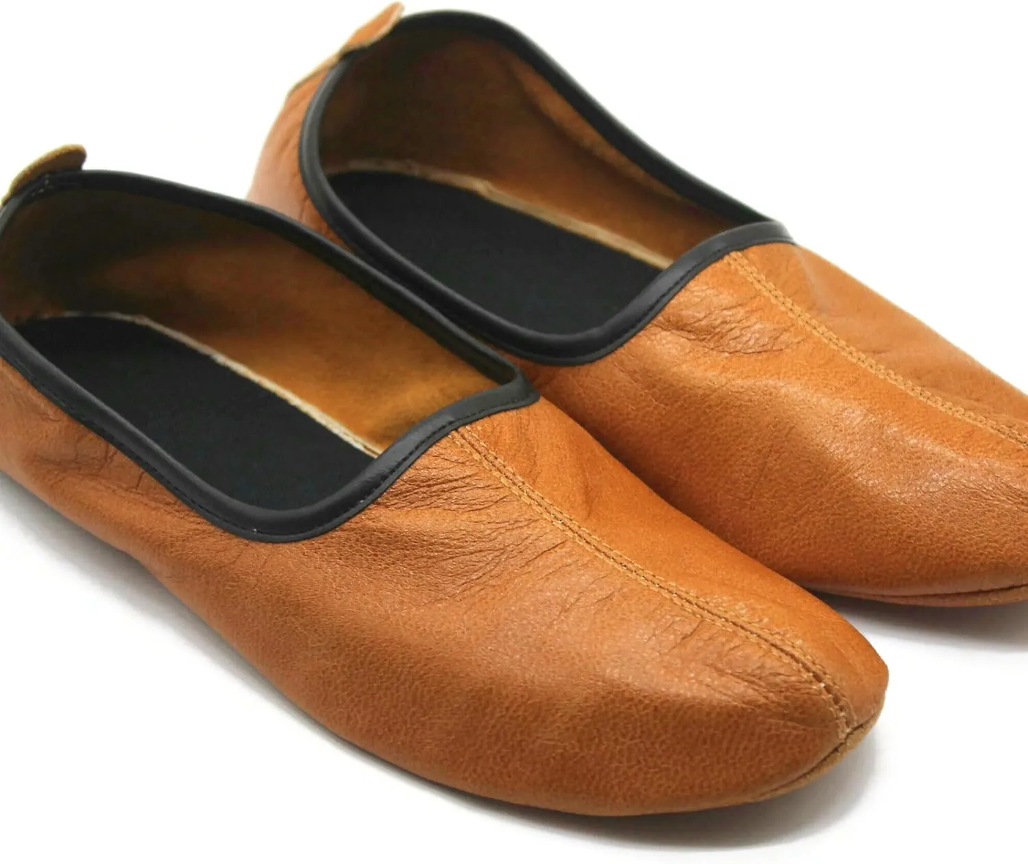 Womens Indoor Leather Slippers Antique Tan Traditional Babouche House Shoes Barefoot Moccasin