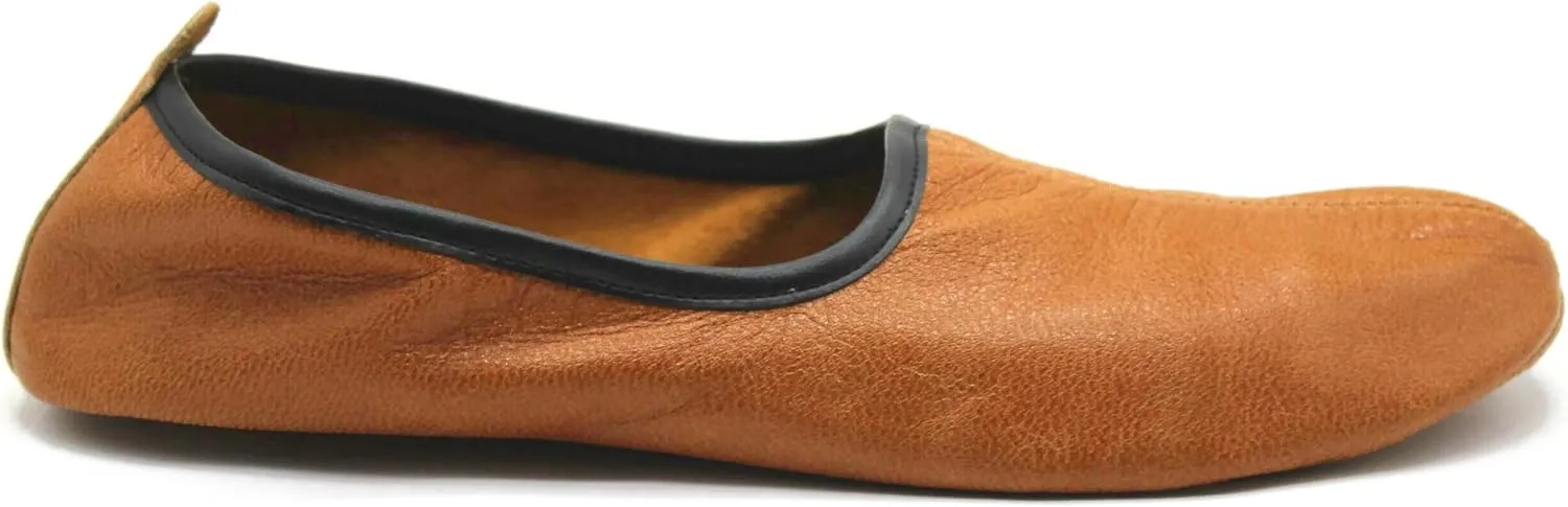 Womens Indoor Leather Slippers Antique Tan Traditional Babouche House Shoes Barefoot Moccasin