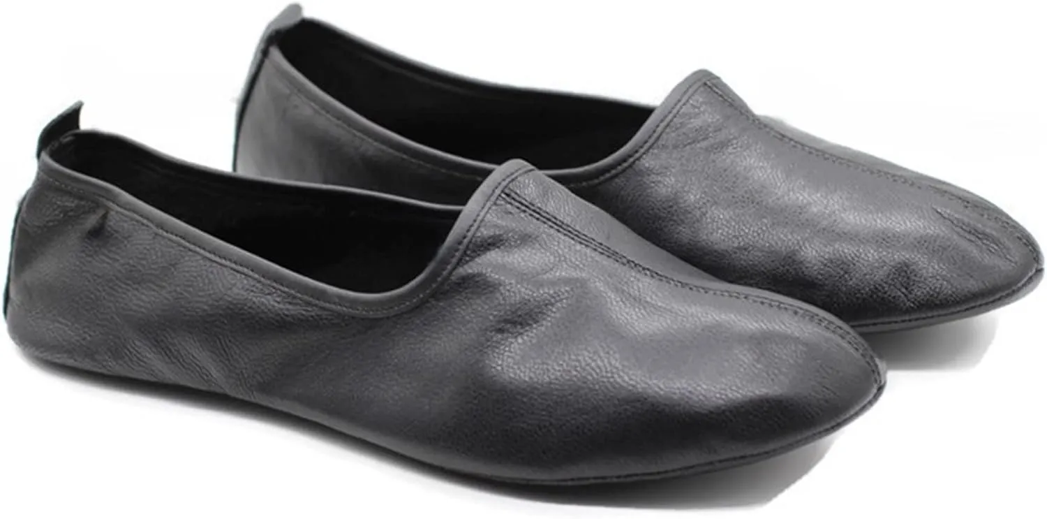 Women's Indoor Leather Slippers Black Traditional Babouche House Shoes Moccasin
