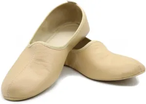 Women's Indoor Leather Slippers Cream Traditional Babouche House Shoes Moccasin