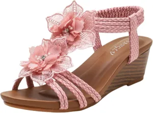 Women's Low Wedge Heels Summer Dressy Platform Sandals Ankle Strap Open Toe Slip On Flower Shoes Cute Comfy Wedges Heels Beach Sandal Bohemian Wedding Breathable Fashion Trendy Sandals