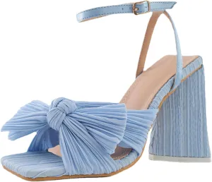 Women's Pleated Bowknot Square Open Toe Heeled Sandals Cute Comfy Summer Ankle Strap Block Heels for Bridal Dress Chunky Pumps-4.13 In