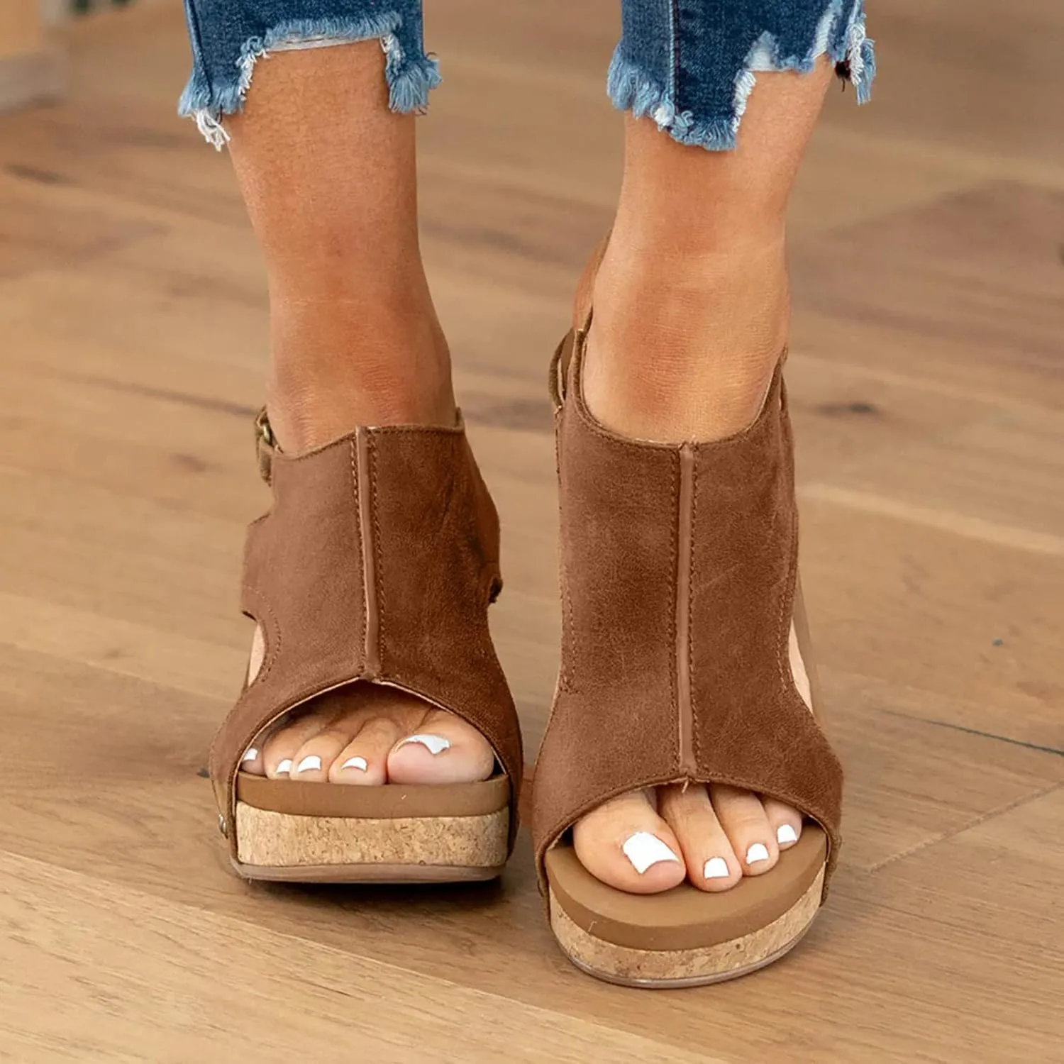 Womens Sandals Wedge Thick Bottom Studded Comfort Slope Sandals Women Summer Fashion Peep Toe Slip On Slide Slippers