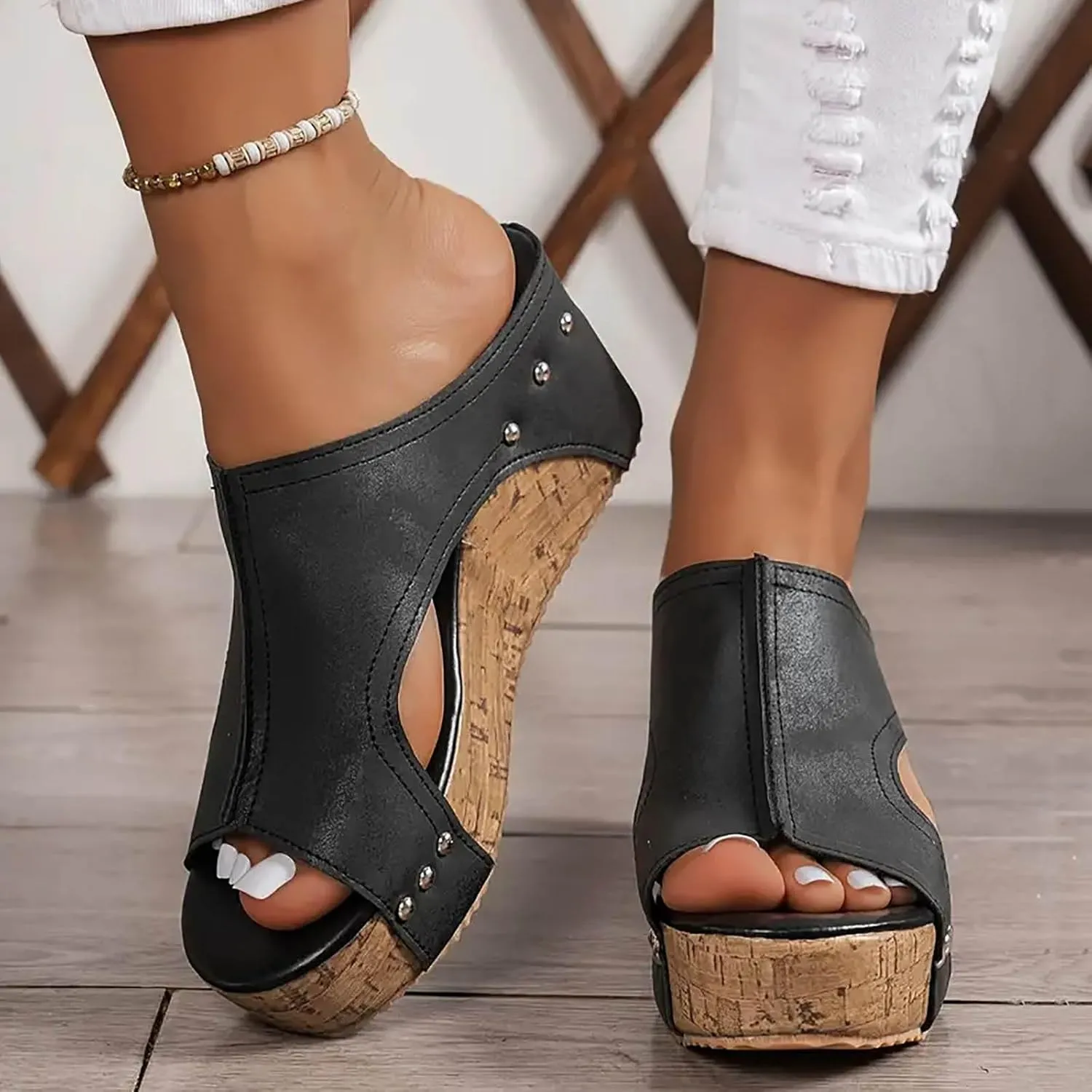 Womens Sandals Wedge Thick Bottom Studded Comfort Slope Sandals Women Summer Fashion Peep Toe Slip On Slide Slippers
