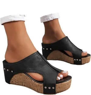 Womens Sandals Wedge Thick Bottom Studded Comfort Slope Sandals Women Summer Fashion Peep Toe Slip On Slide Slippers