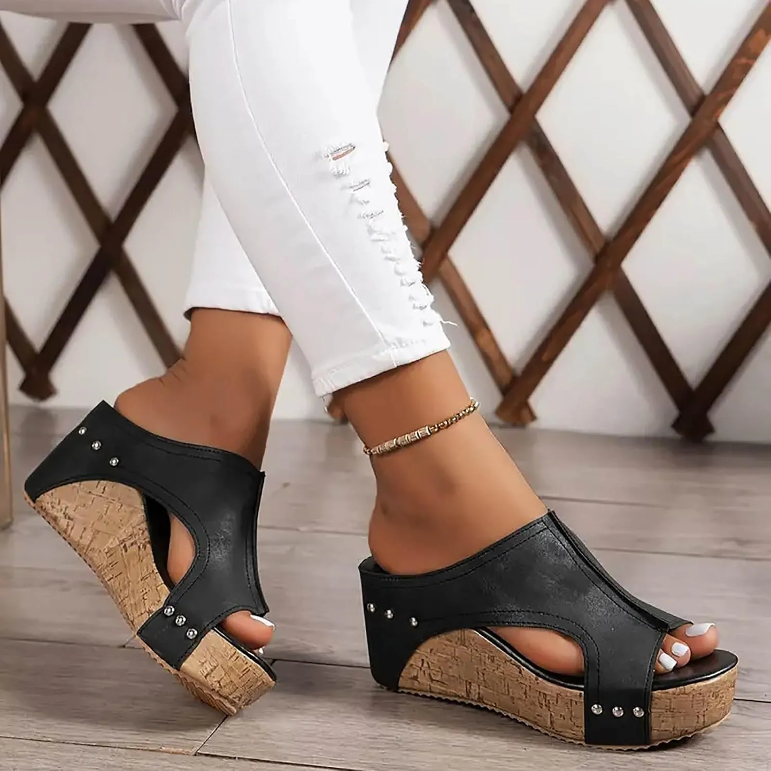 Womens Sandals Wedge Thick Bottom Studded Comfort Slope Sandals Women Summer Fashion Peep Toe Slip On Slide Slippers