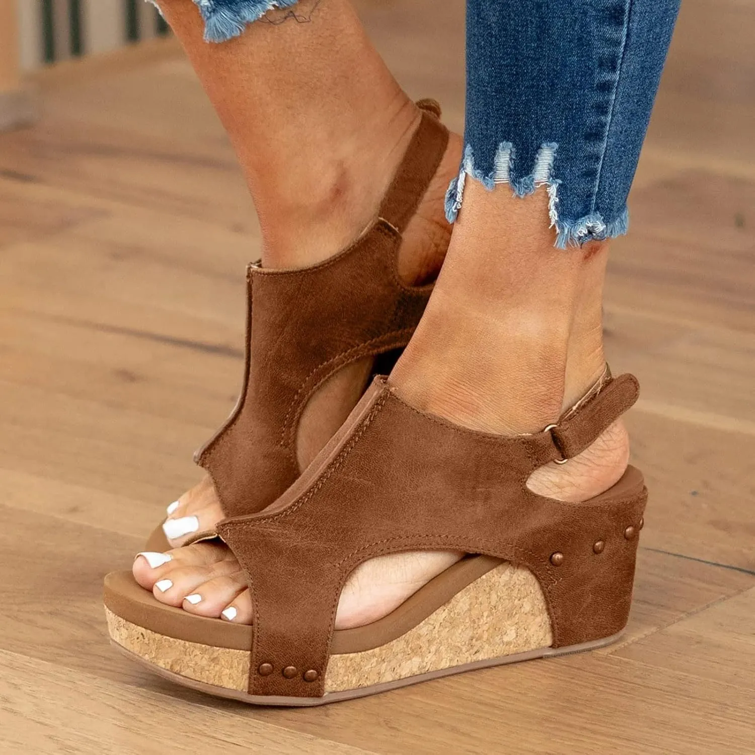 Womens Sandals Wedge Thick Bottom Studded Comfort Slope Sandals Women Summer Fashion Peep Toe Slip On Slide Slippers