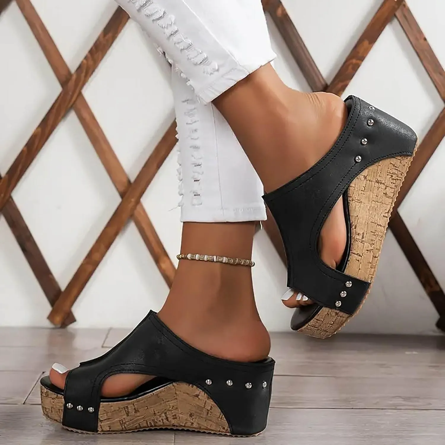 Womens Sandals Wedge Thick Bottom Studded Comfort Slope Sandals Women Summer Fashion Peep Toe Slip On Slide Slippers
