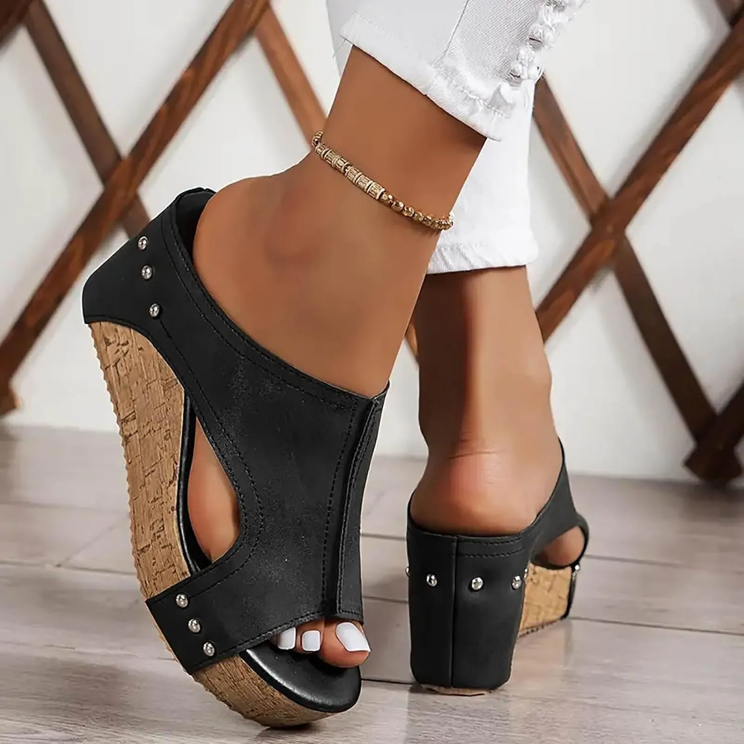 Womens Sandals Wedge Thick Bottom Studded Comfort Slope Sandals Women Summer Fashion Peep Toe Slip On Slide Slippers