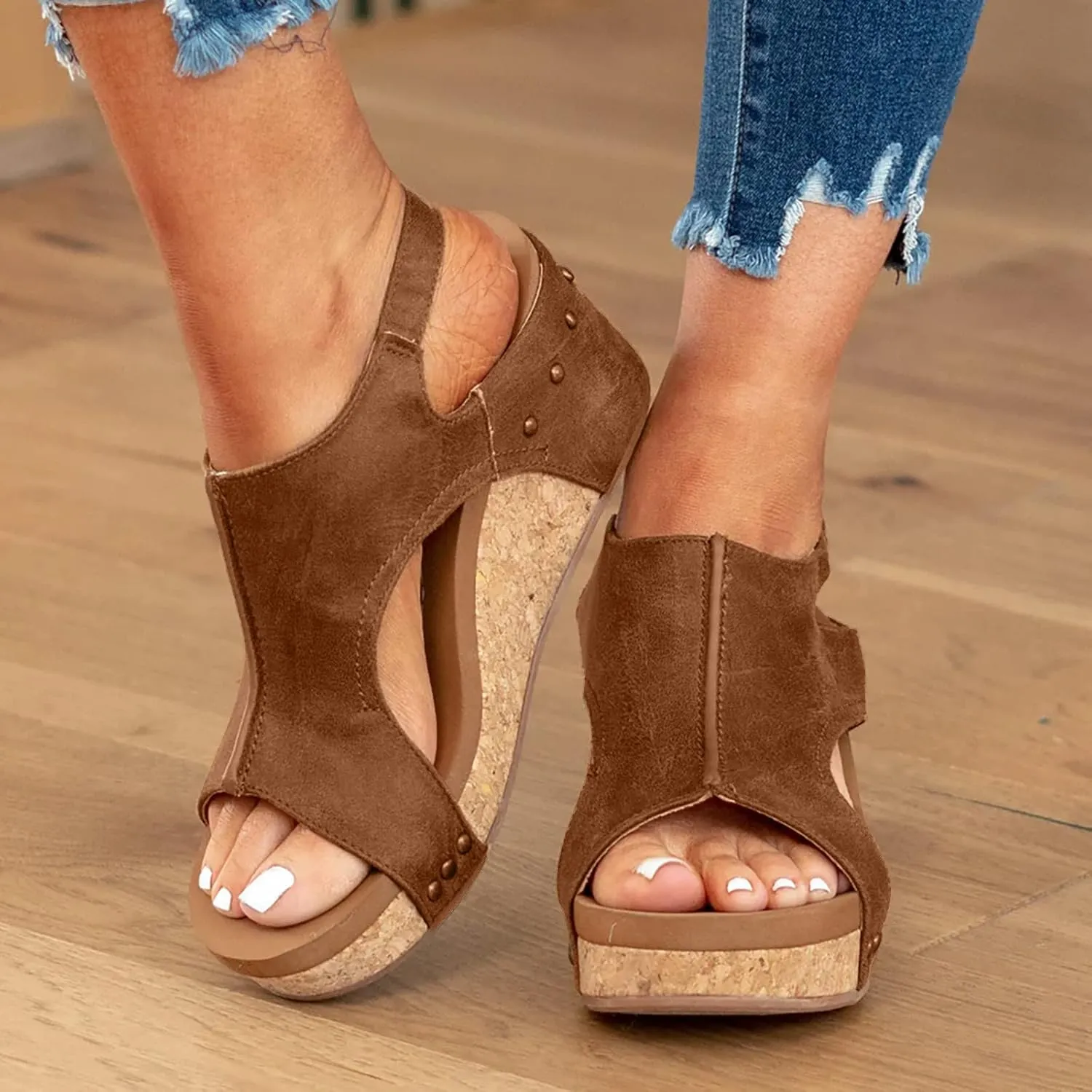 Womens Sandals Wedge Thick Bottom Studded Comfort Slope Sandals Women Summer Fashion Peep Toe Slip On Slide Slippers