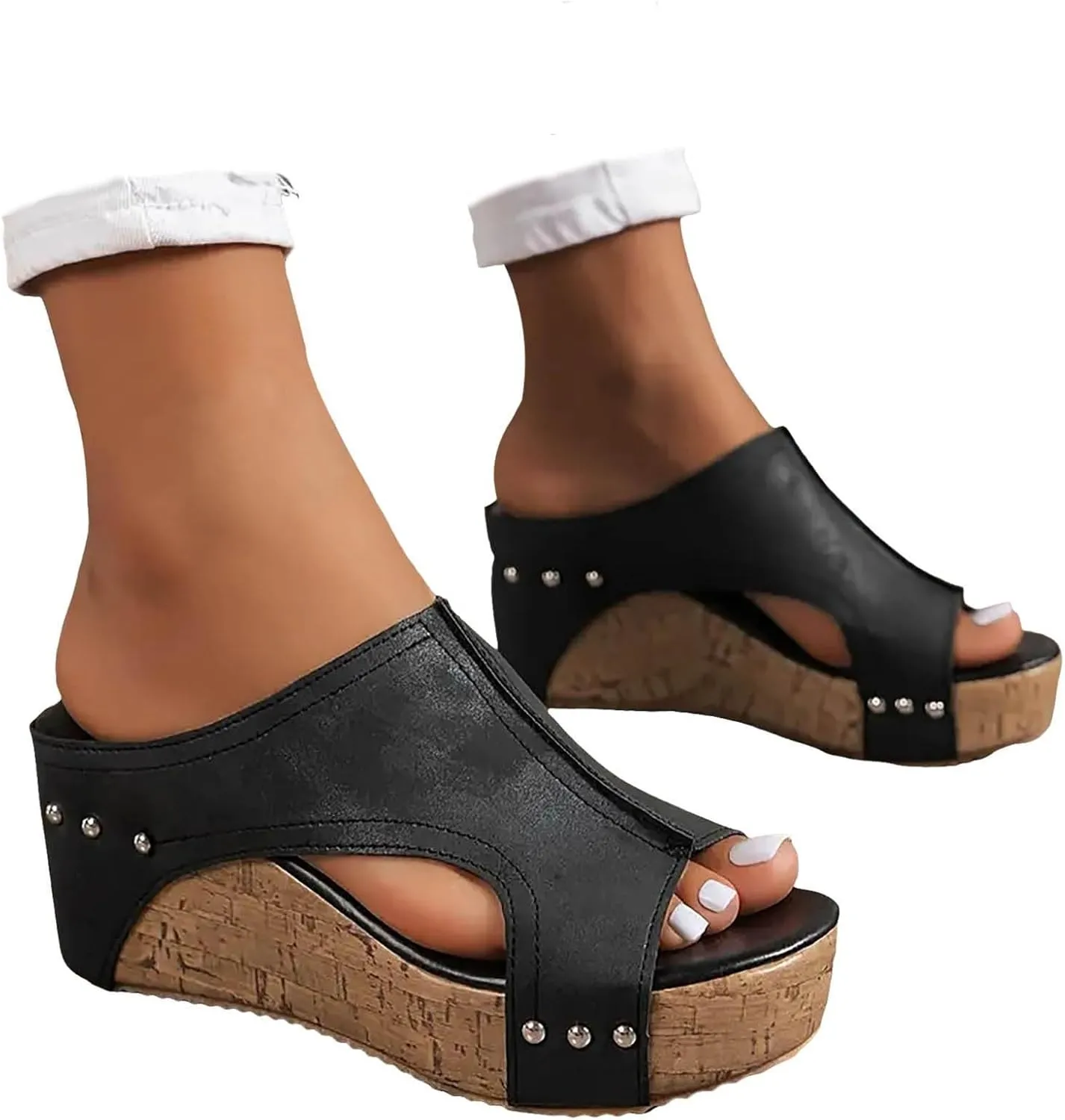 Womens Sandals Wedge Thick Bottom Studded Comfort Slope Sandals Women Summer Fashion Peep Toe Slip On Slide Slippers