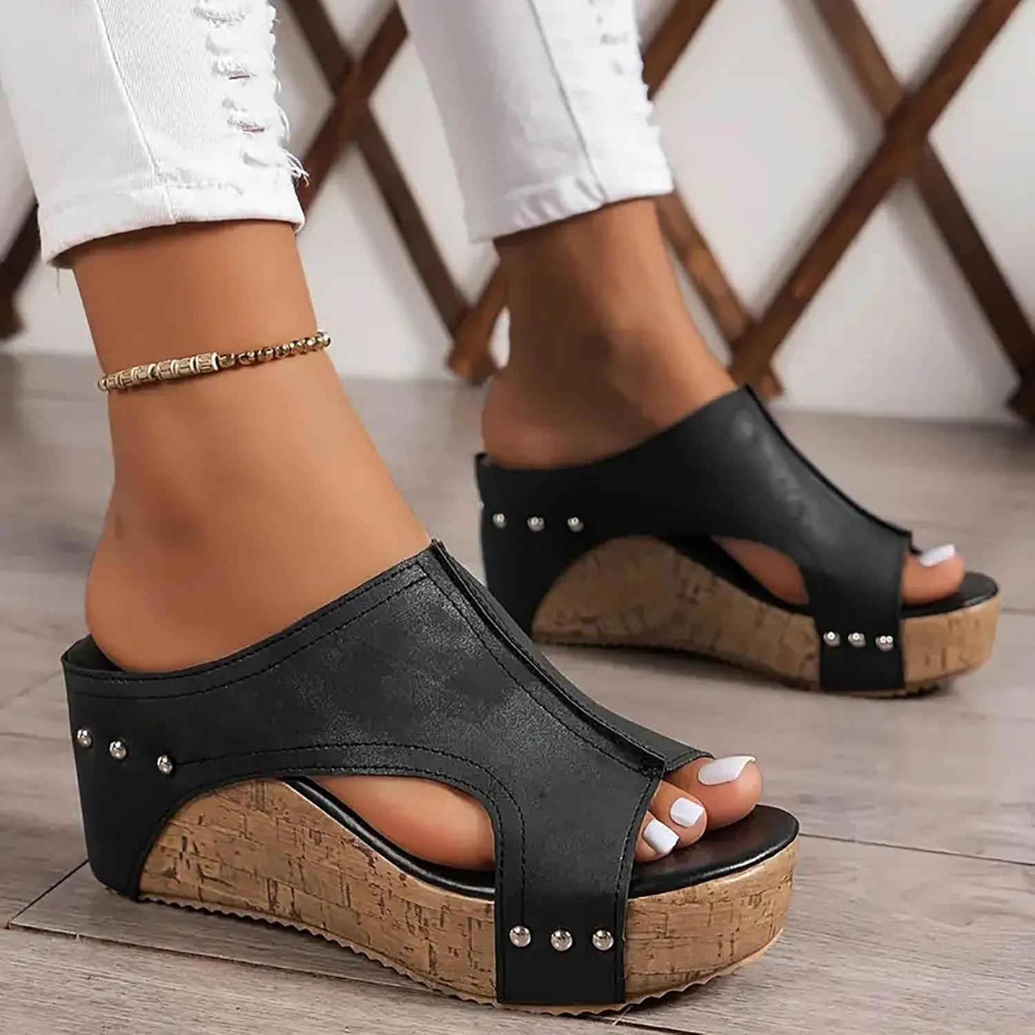 Womens Sandals Wedge Thick Bottom Studded Comfort Slope Sandals Women Summer Fashion Peep Toe Slip On Slide Slippers