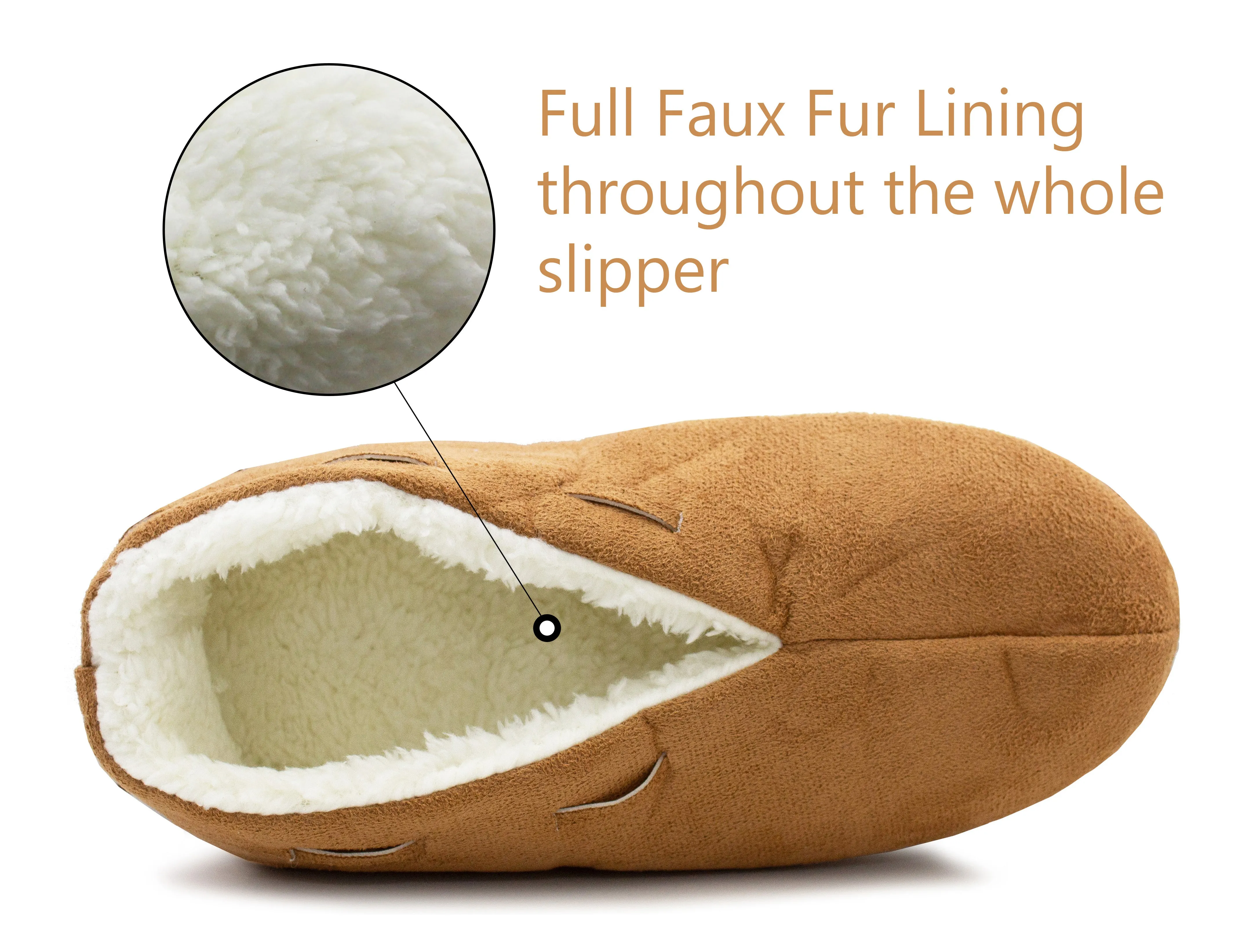 Womens Tan Faux Fur Lined Moccasin Slippers Lightweight Warm Cosy Slip On Faux Suede Loafer Soft Sole Indoor House Shoes