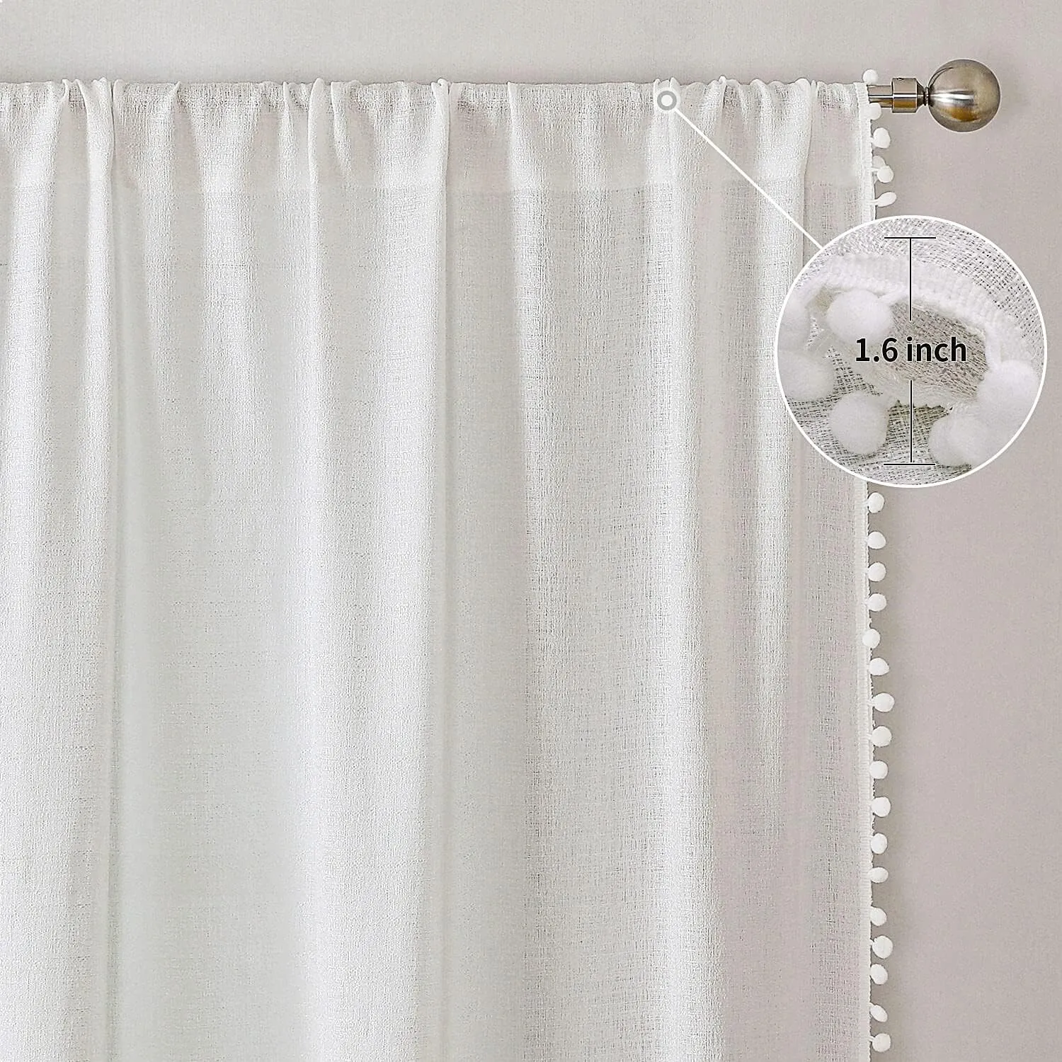 WUBODTI White Pom Pom Semi Sheer Curtains Linen Textured 63 Inches Long 2 Panels, Sparkle Light Filtering Short Curtain Shimmer Glitter Drapes for Living Room Nursery Small Windows