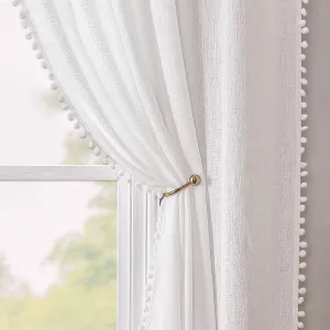 WUBODTI White Pom Pom Semi Sheer Curtains Linen Textured 63 Inches Long 2 Panels, Sparkle Light Filtering Short Curtain Shimmer Glitter Drapes for Living Room Nursery Small Windows