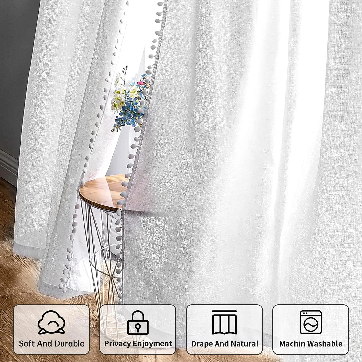 WUBODTI White Pom Pom Semi Sheer Curtains Linen Textured 63 Inches Long 2 Panels, Sparkle Light Filtering Short Curtain Shimmer Glitter Drapes for Living Room Nursery Small Windows