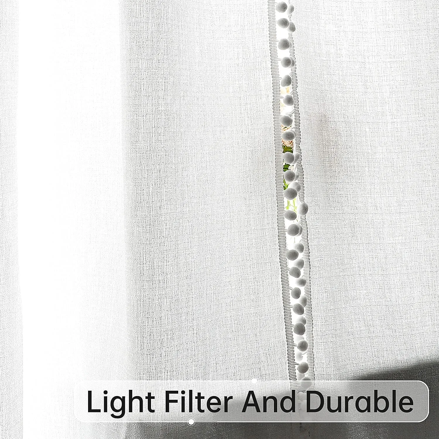 WUBODTI White Pom Pom Semi Sheer Curtains Linen Textured 63 Inches Long 2 Panels, Sparkle Light Filtering Short Curtain Shimmer Glitter Drapes for Living Room Nursery Small Windows