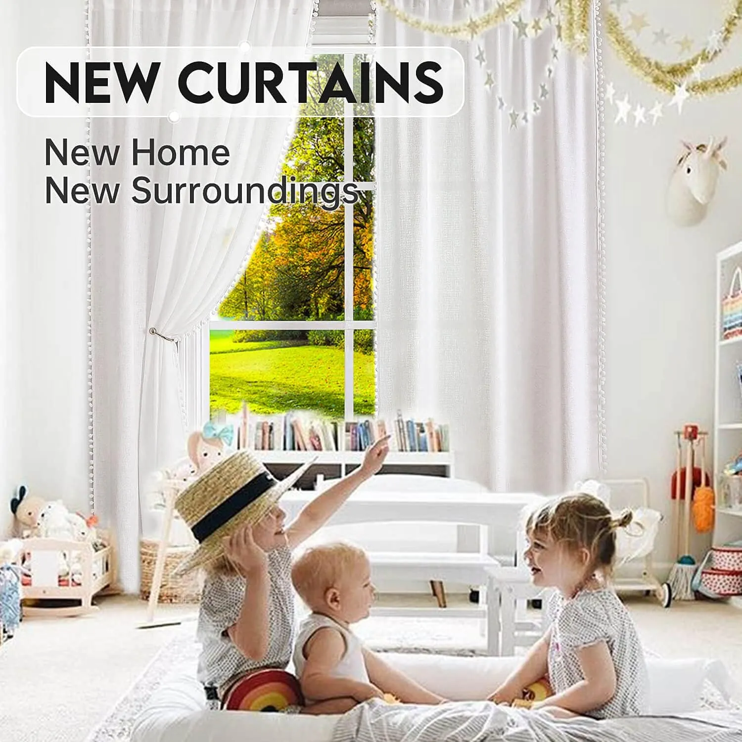 WUBODTI White Pom Pom Semi Sheer Curtains Linen Textured 63 Inches Long 2 Panels, Sparkle Light Filtering Short Curtain Shimmer Glitter Drapes for Living Room Nursery Small Windows