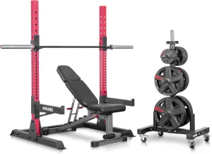 XMark Adjustable Multi-Function Power Package - Squat Rack, Olympic Bar Storage, FID Weight Bench, 365 lb Weight Set