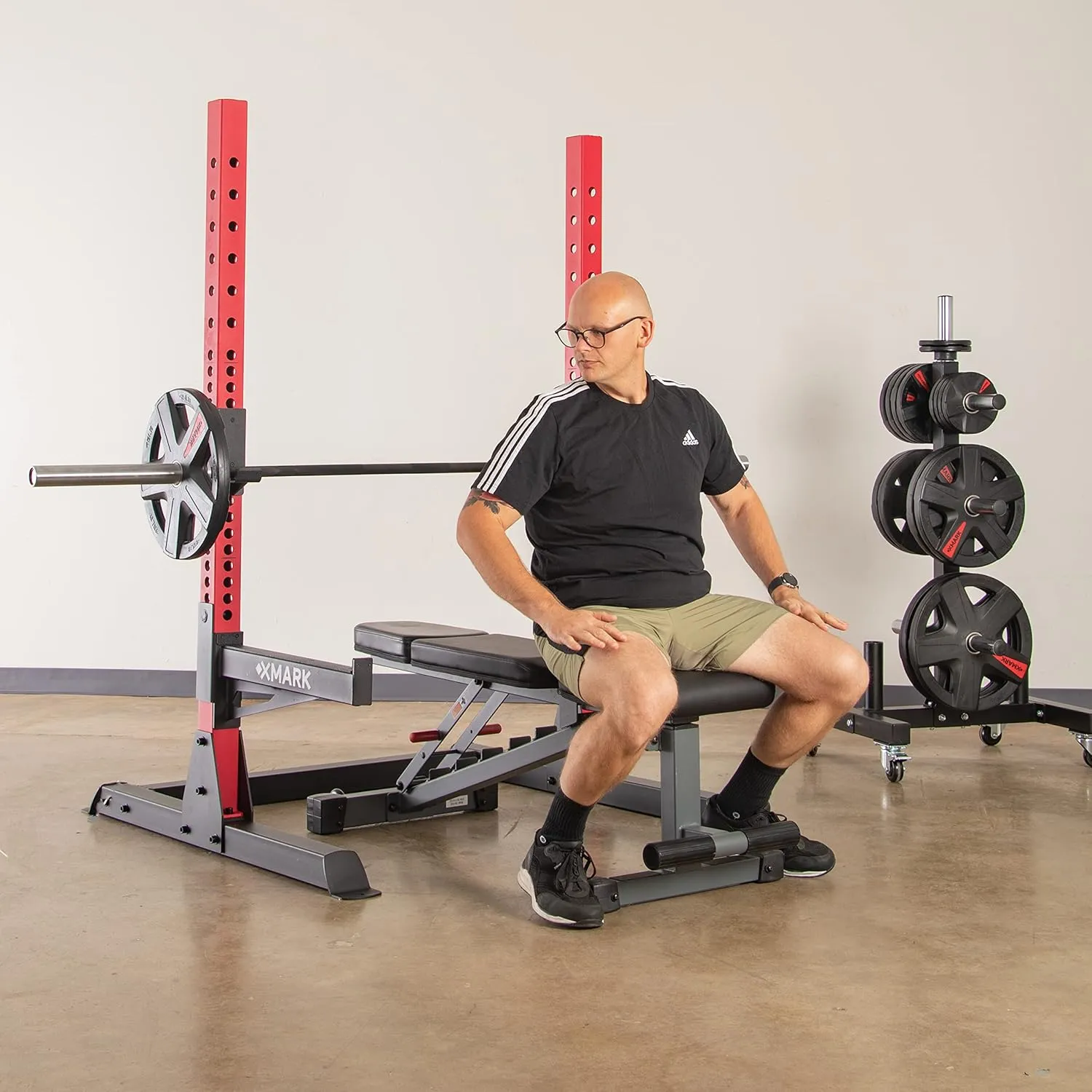 XMark Adjustable Multi-Function Power Package - Squat Rack, Olympic Bar Storage, FID Weight Bench, 365 lb Weight Set