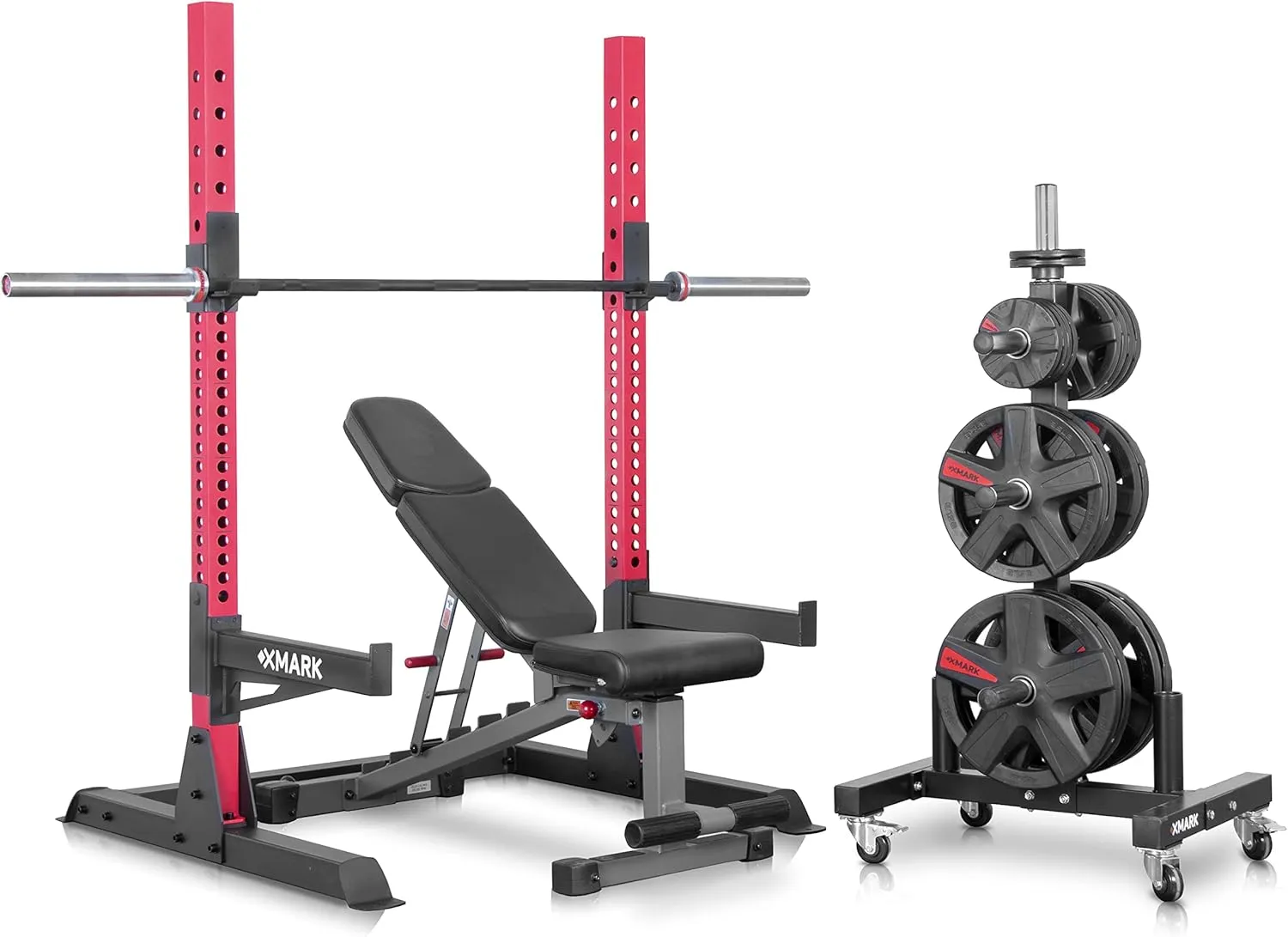 XMark Adjustable Multi-Function Power Package - Squat Rack, Olympic Bar Storage, FID Weight Bench, 365 lb Weight Set